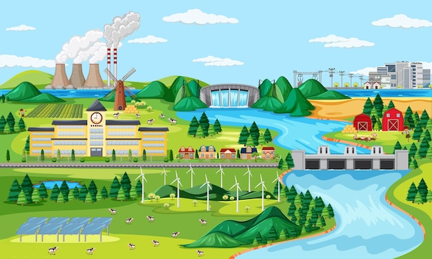 Free vector manufactory and wind turbine and long river scene