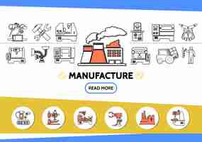 Vettore gratuito icone di linea di produzione impostate con attrezzatura industriale di fabbrica chiave martello ingegnere carrello elevatore