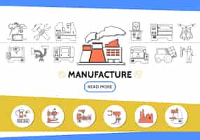Free vector manufacture line icons set with factory wrench hammer engineer forklift industrial equipment