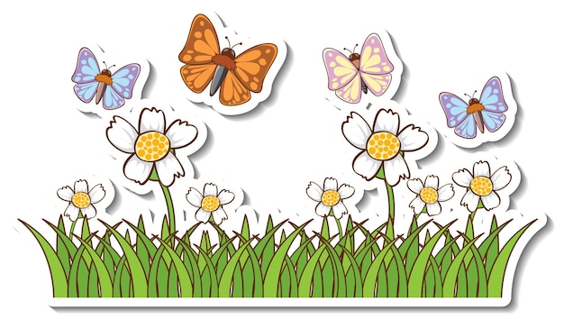 Free vector many butterflies flying above grass field sticker