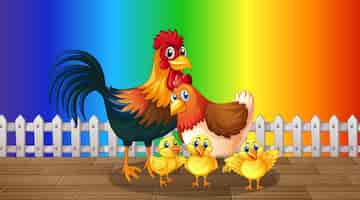 Free vector many chickens cartoon character on rainbow gradient background