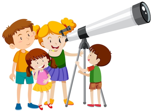 Many children looking through telescope