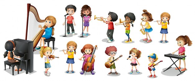 다른 악기를 연주하는 많은 아이들