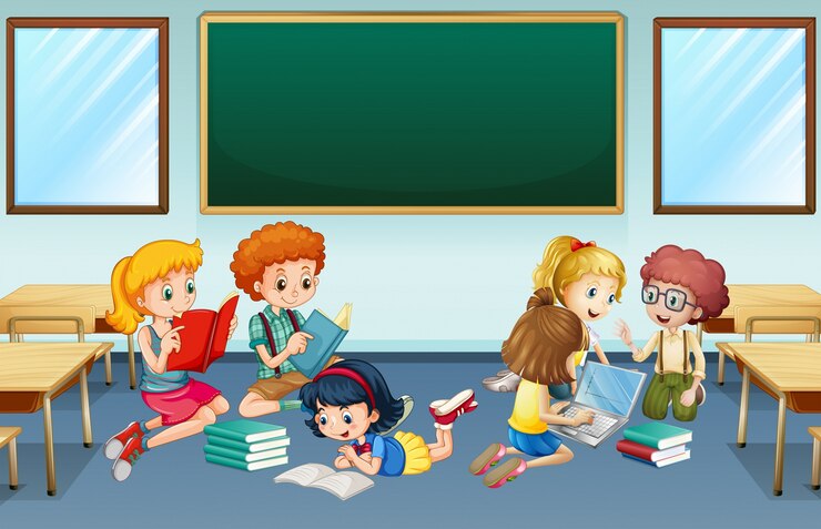 Free Vector many children reading and working in group at school