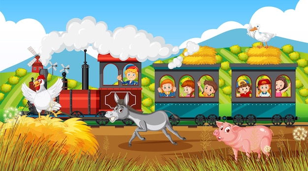 Many children riding on train in countryside