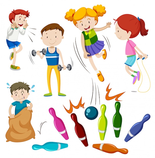 Free vector many children with happy face playing different sports