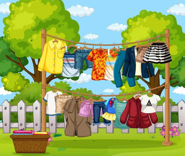 Many clothes hanging on a line outside the house scene