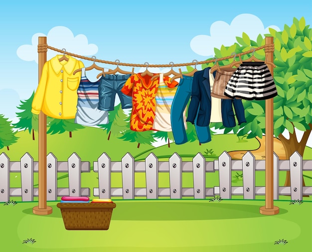 Free vector many clothes hanging on a line outside the house scene