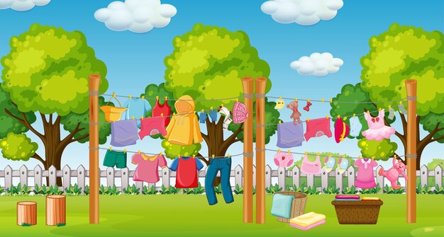 many clothes hanging on a line outside the house scene