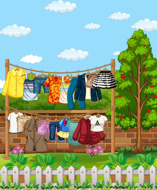 Many clothes hanging on a line outside the house scene