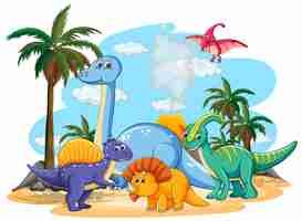 Free vector many cute dinosaurs character in prehistoric land isolated