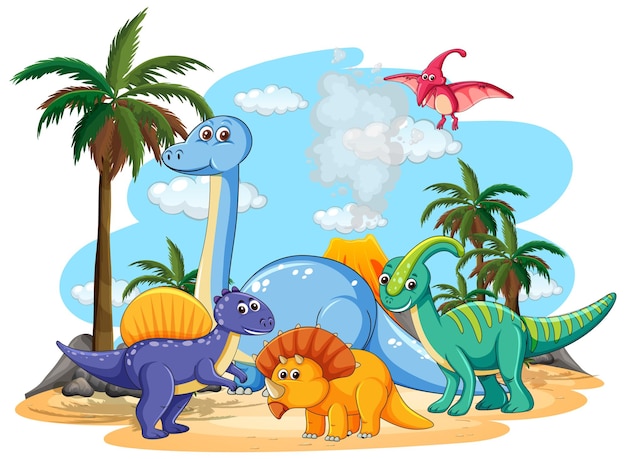 고립 된 선사 시대 땅에 많은 귀여운 공룡 캐릭터