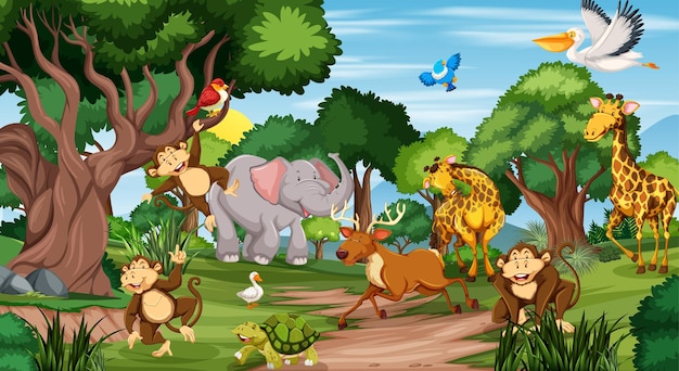 Free vector many different animals in the forest scene