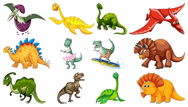 Cartoon dinosaurs. Cute dino, dinosaur and palm. Color wildlife characters,  prehistoric predator. Funny baby animals garish vector collection Stock  Vector