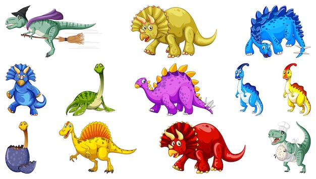 Molti dinosauri su sfondo bianco
