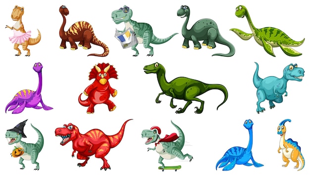 白い背景の上の多くの恐竜