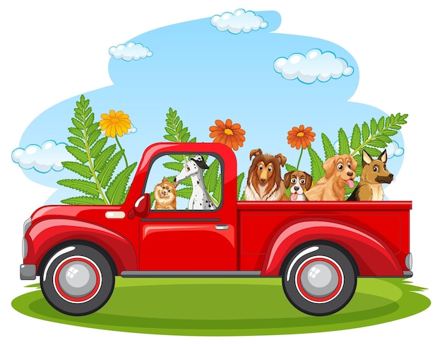 Многие собаки едут на красном грузовике в парке Premium векторы
