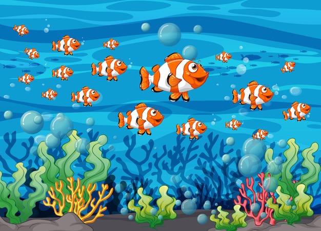 免费矢量许多奇异的鱼在水下卡通人物背景