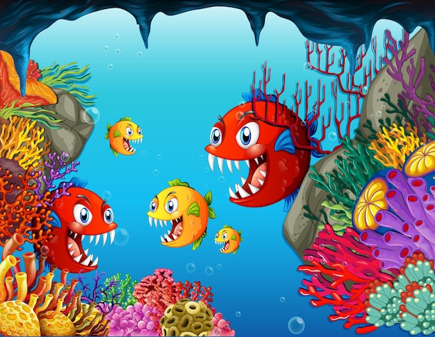 水中の背景に多くのエキゾチックな魚の漫画のキャラクター