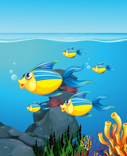 Free vector many exotic fishes cartoon character in the underwater background