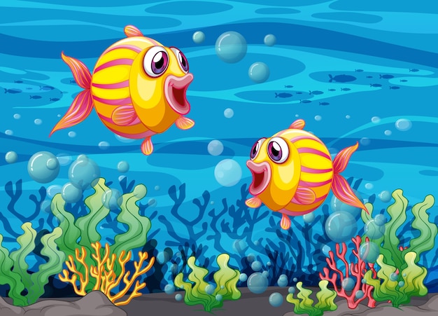 水中イラストの多くのエキゾチックな魚の漫画のキャラクター