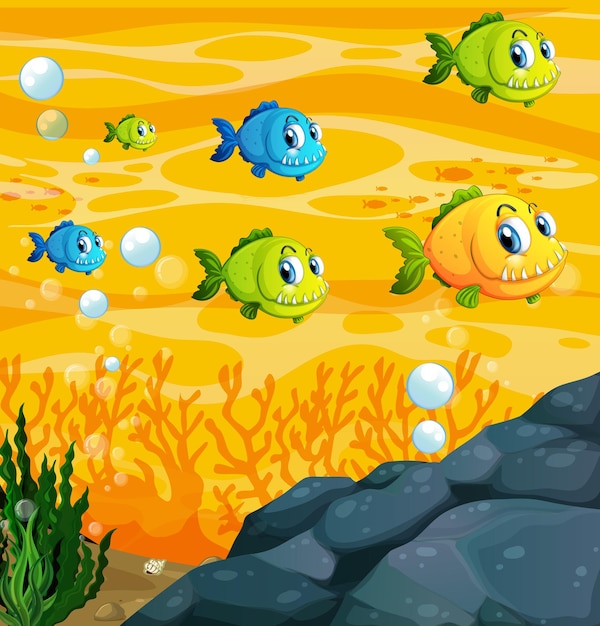 Vettore gratuito personaggio dei cartoni animati di molti pesci esotici nella scena subacquea con i coralli