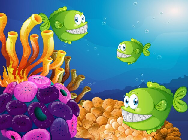 サンゴと水中シーンで多くのエキゾチックな魚の漫画のキャラクター