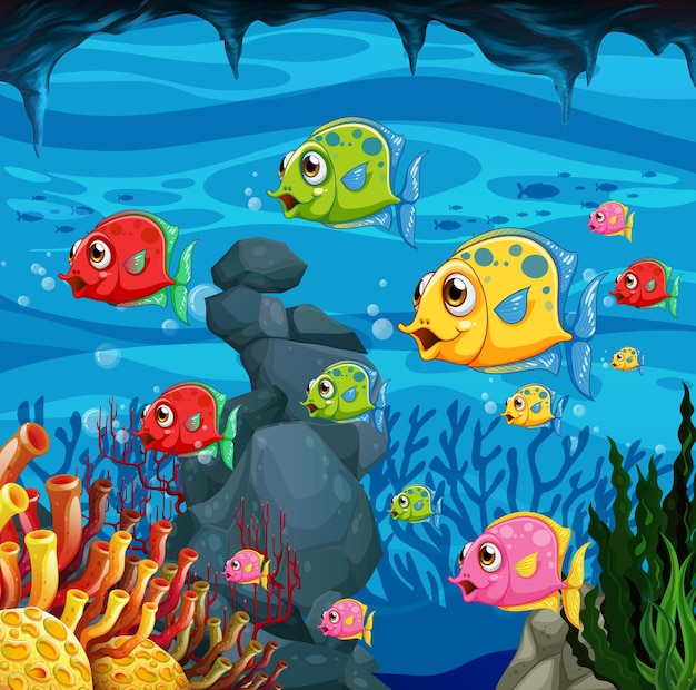 Free vector many exotic fishes cartoon character in the underwater scene with corals