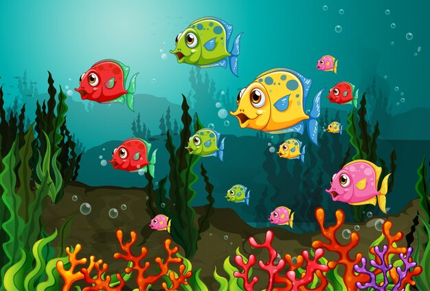 Многие экзотические рыбы мультипликационный персонаж в подводной сцене с кораллами