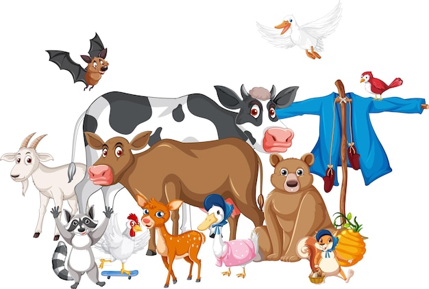 Many farm animals and scarecrow