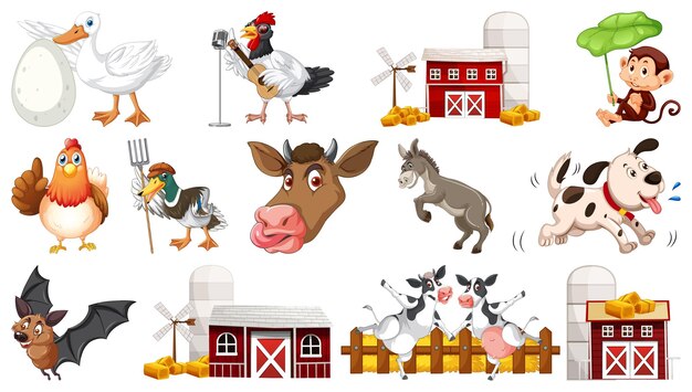 Many farm animals on white background