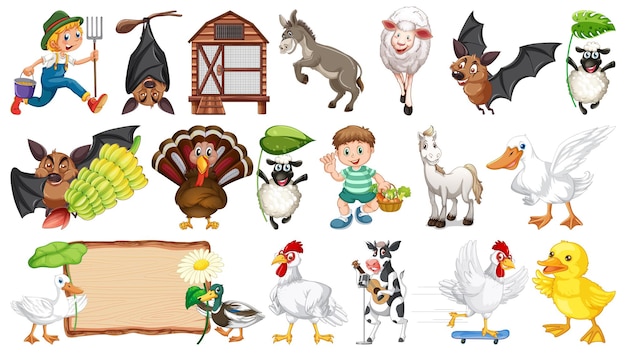 Many farm animals on white background