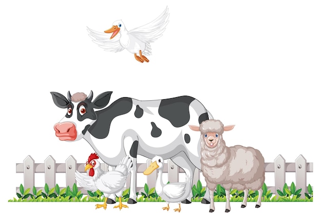 Many farm animals on white background