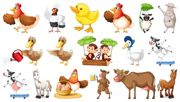 Many farm animals on white background