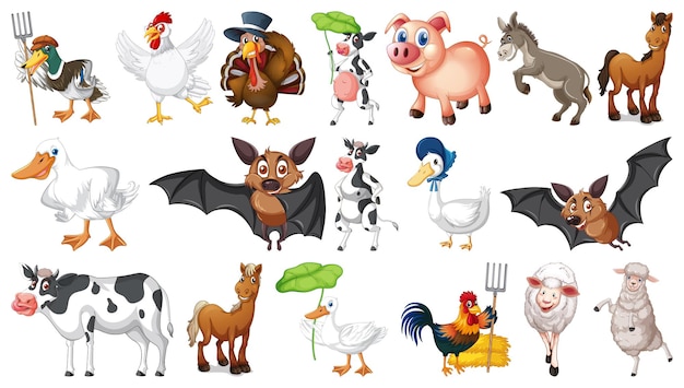 Free vector many farm animals on white background