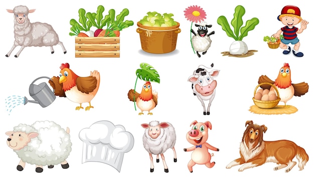 Many farm animals on white background