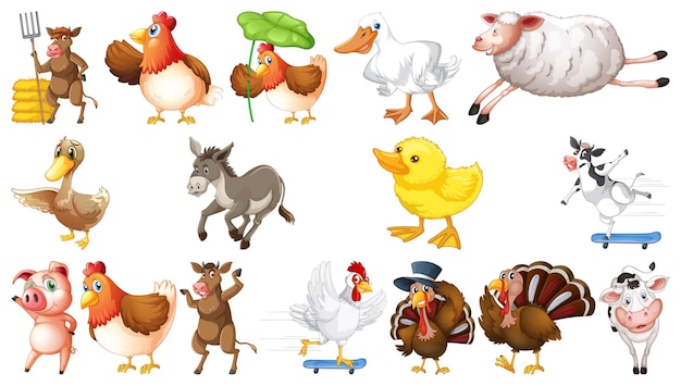 Free vector many farm animals on white background