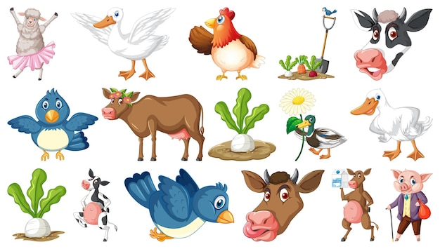 Many farm animals on white background