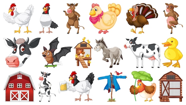 Many farm animals on white background