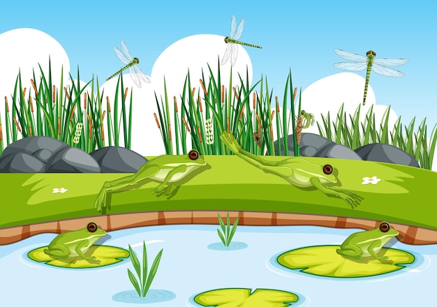 Free vector many green frogs and dragonfly in the pond scene