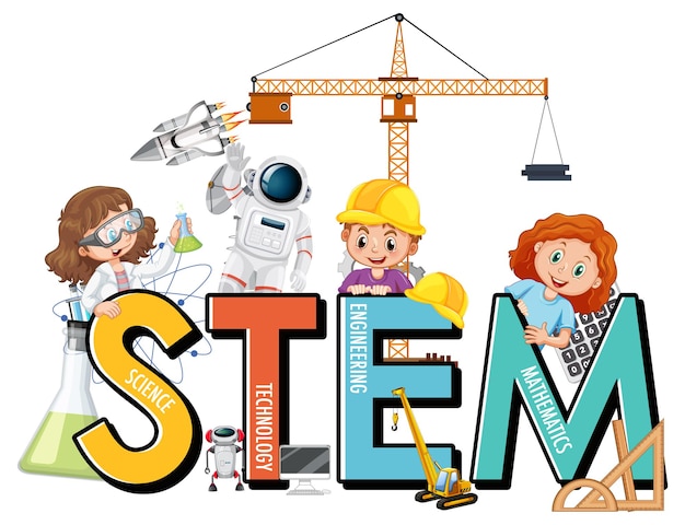 Free vector many kids cartoon character with stem education font