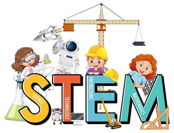 Free Vector many kids cartoon character with stem education font