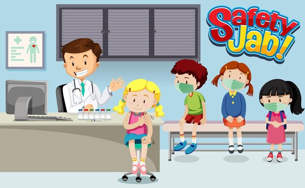 Many Kids Waiting In Queue To Get Vaccine With A Doctor Cartoon Character In Hospital Scene