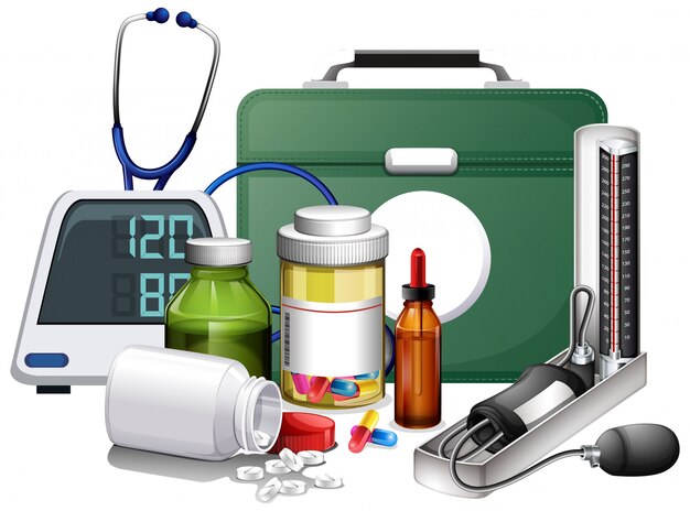 Many medical equipments and medicine on white background