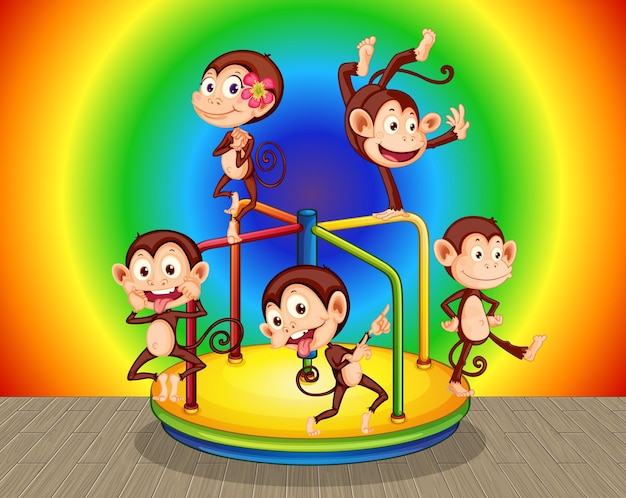 Многие обезьяны с каруселью на фоне градиента радуги