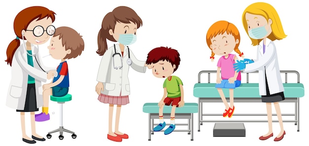 多くの患者の子供や医師は白い背景の上のキャラクターを漫画します