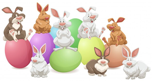 Many rabbits on colorful eggs