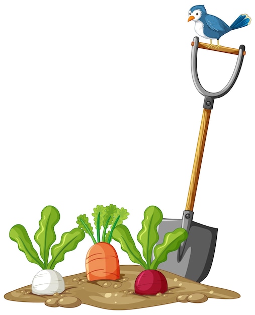 Many root vegetables in soil with shovel in cartoon style isolated