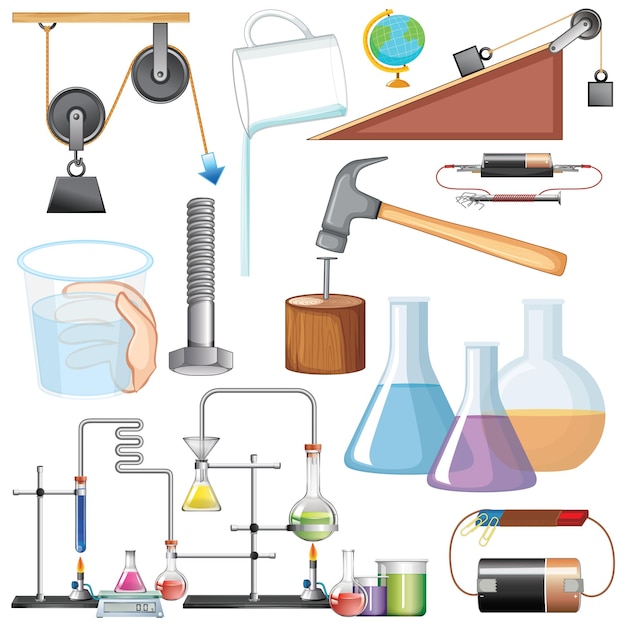 Many science equipments on white background