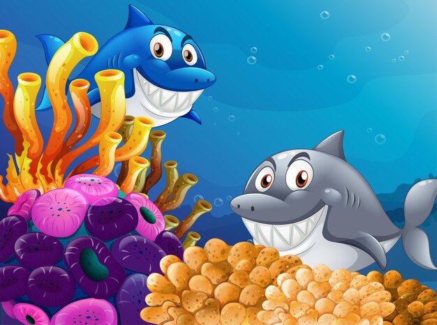 Many sharks cartoon character in the underwater background